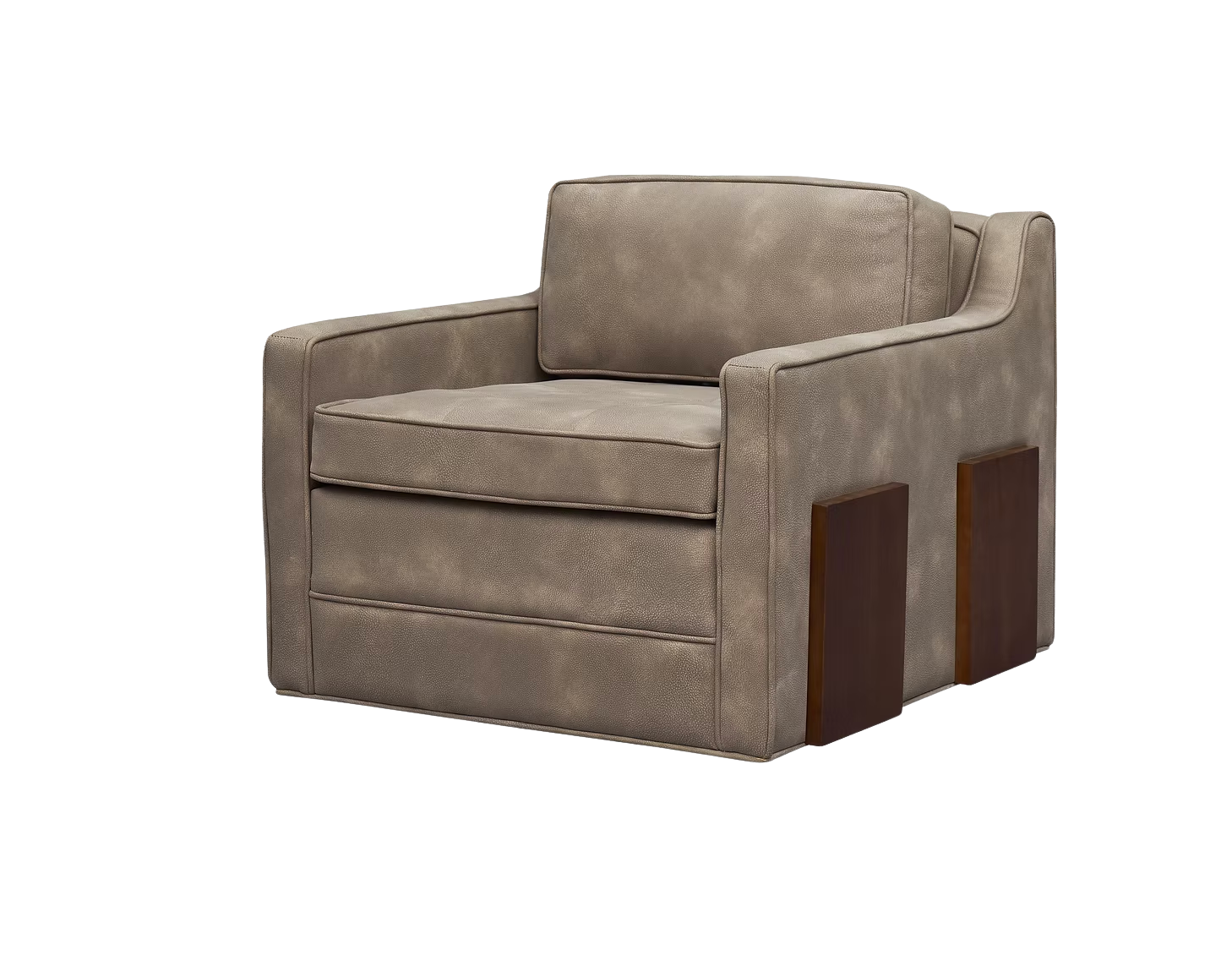 brown leather swivel club chair with tufted cushions and wood side panels for a modern design