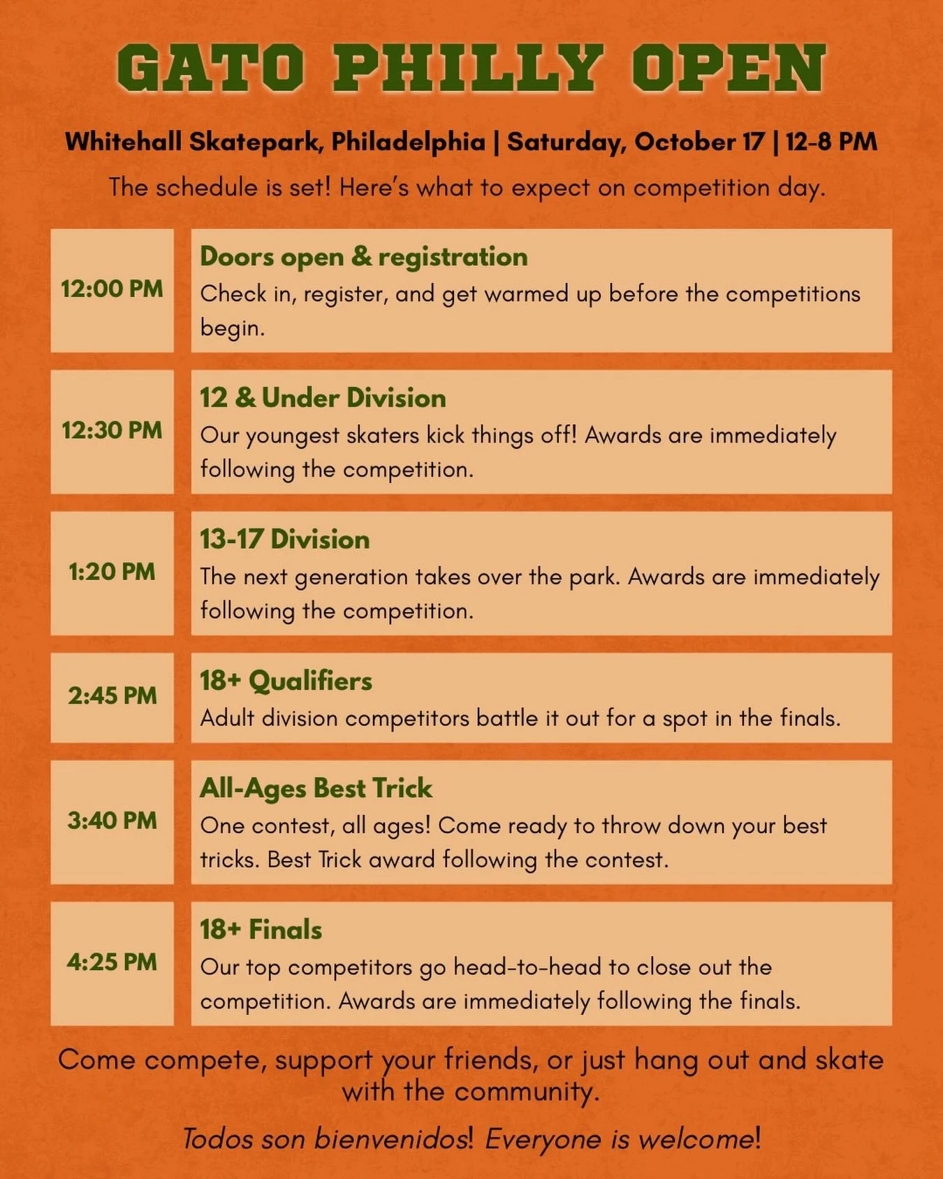 🔥 THE GATO PHILLY OPEN SCHEDULE IS HERE! 🔥

October 17th at Whitehall Skatepark. Check out the schedule, plan your day, and get ready! 

See you Saturday! 🤘🏽
