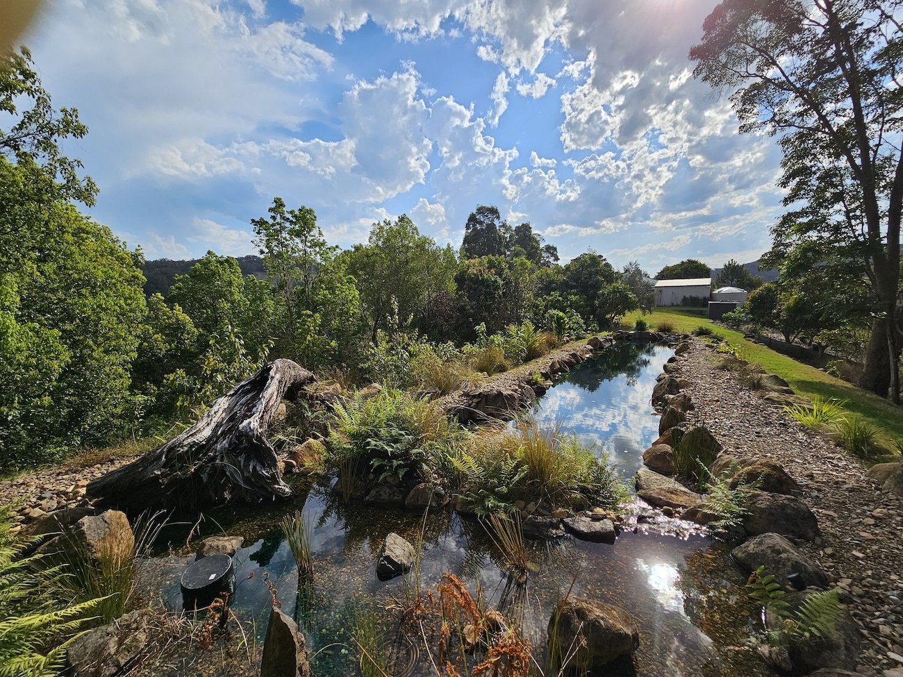 A long natural pool surrounded by vegetation with a panoramic view on the background and a house at the end of the pool