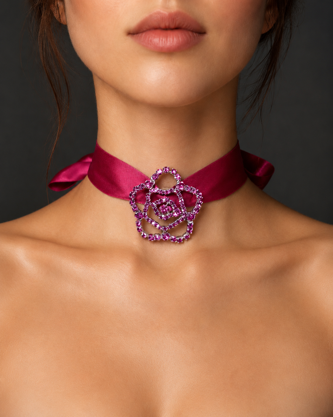 Rose Crystal Flower Ribbon Choker