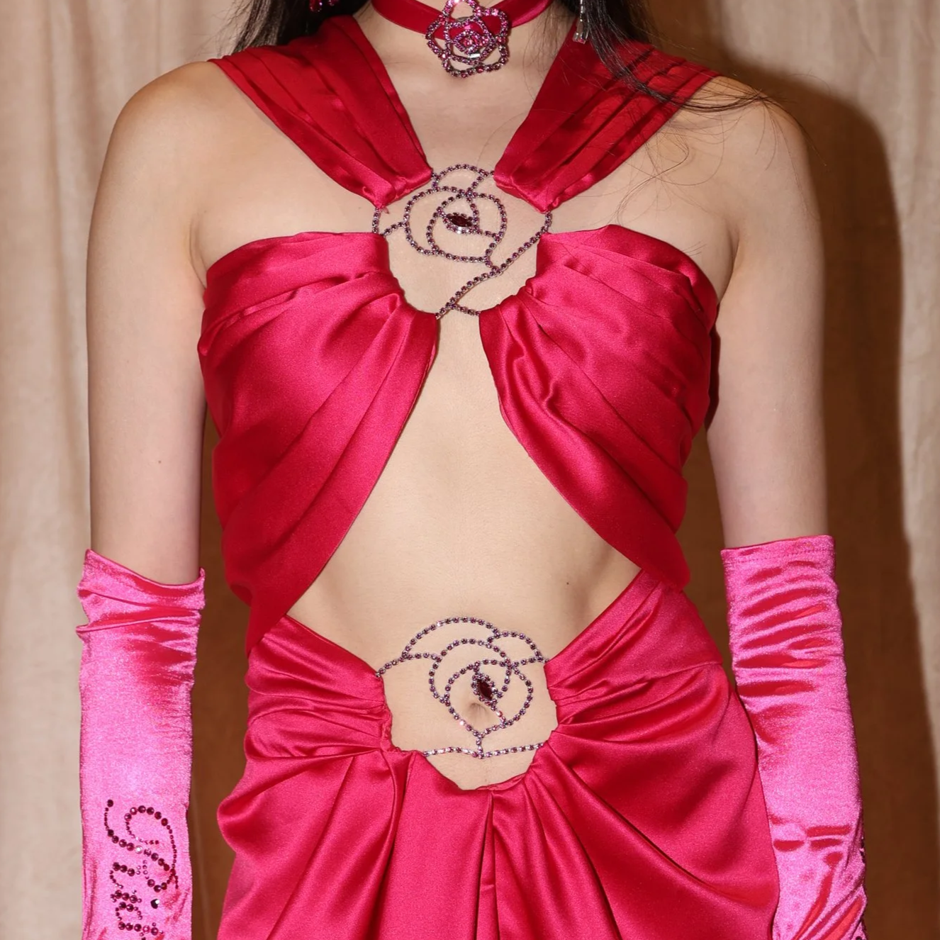 fuchsia pink satin evening outfit ensemble rose crystal occasion