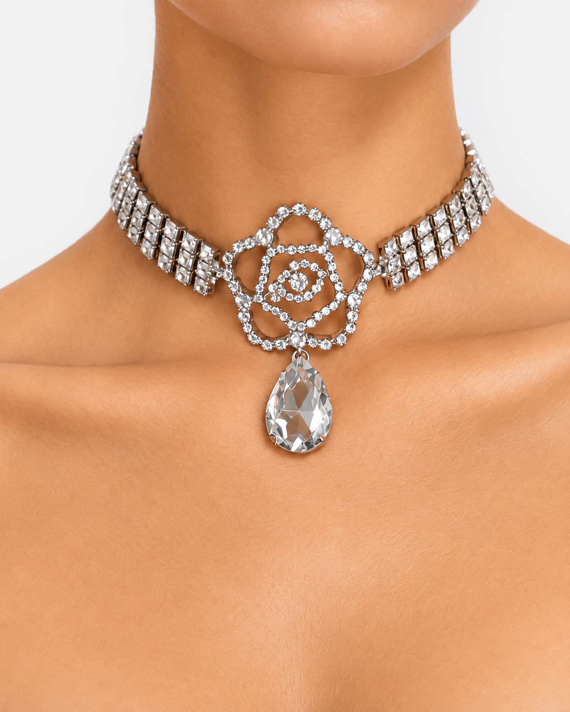 Rose Crystal Flower Triple Necklace with Pear Drop