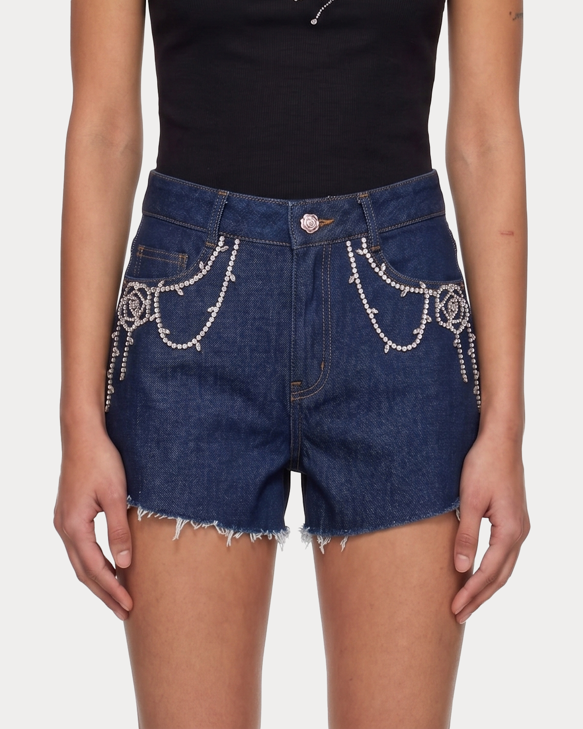 “Rich Aura” Crystal Logo Denim Shorts