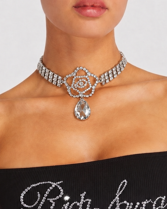 Rose Crystal Flower Triple Necklace with Pear Drop