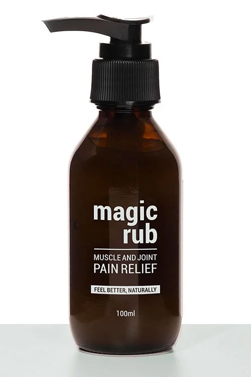 A brown pump bottle labeled "magic rub" for muscle and joint pain relief, containing 100ml.