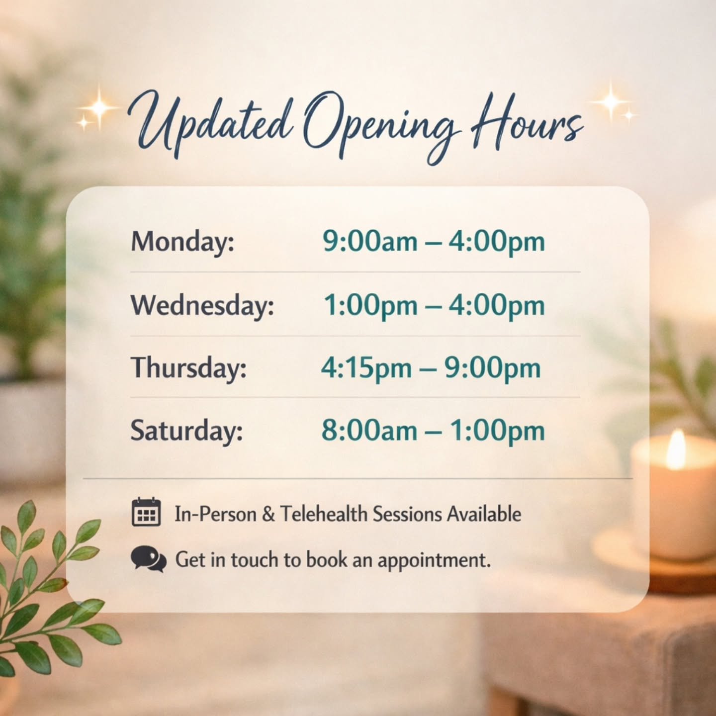 I'm so excited to be announcing my new availability.
Additional appointments may be available outside of these hours - feel free to reach out!

#MentalHealthMatters #NorthcoteLife #NorthcoteCounsellor #TherapySpace