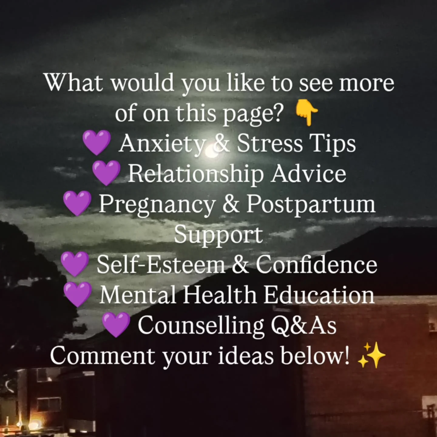 💜 I&rsquo;d love to hear from you! 💜

I want to create content that genuinely supports you, so tell me...

✨ What would you like to see more of on this page?

⬇️ Vote in the comments or add your own ideas:
1️⃣ Anxiety &amp; stress management tips
2