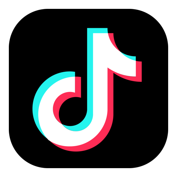 TikTok logo featuring a musical note with teal and red outlines on a black background.