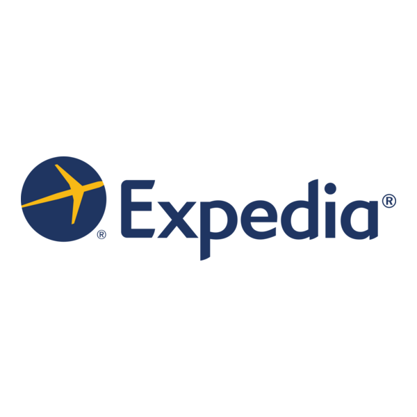 Expedia logo with a yellow stylized airplane icon and blue text.