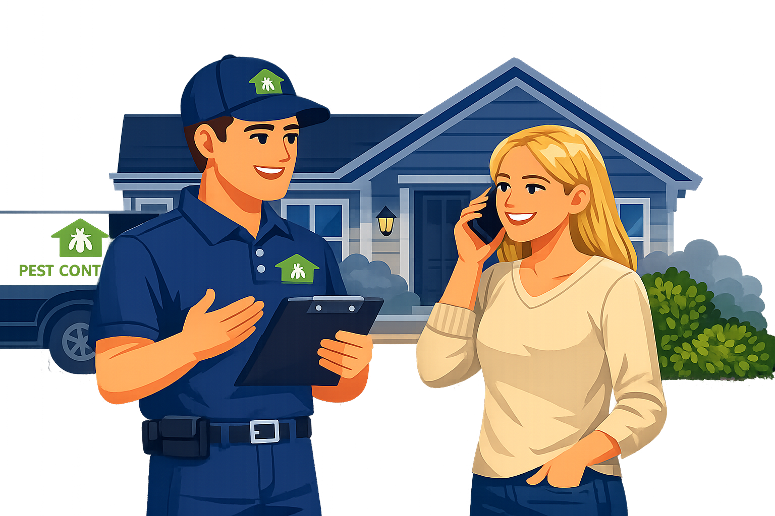 Split image of a pest control worker in uniform talking on the phone, and a woman smiling while holding a phone.