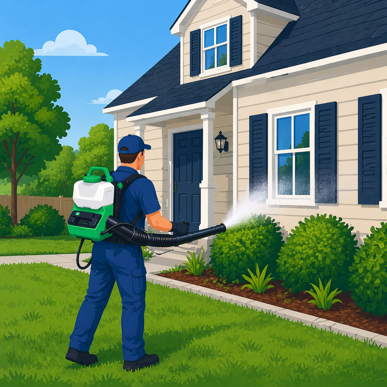 Person using a Stihl backpack sprayer in residential backyard