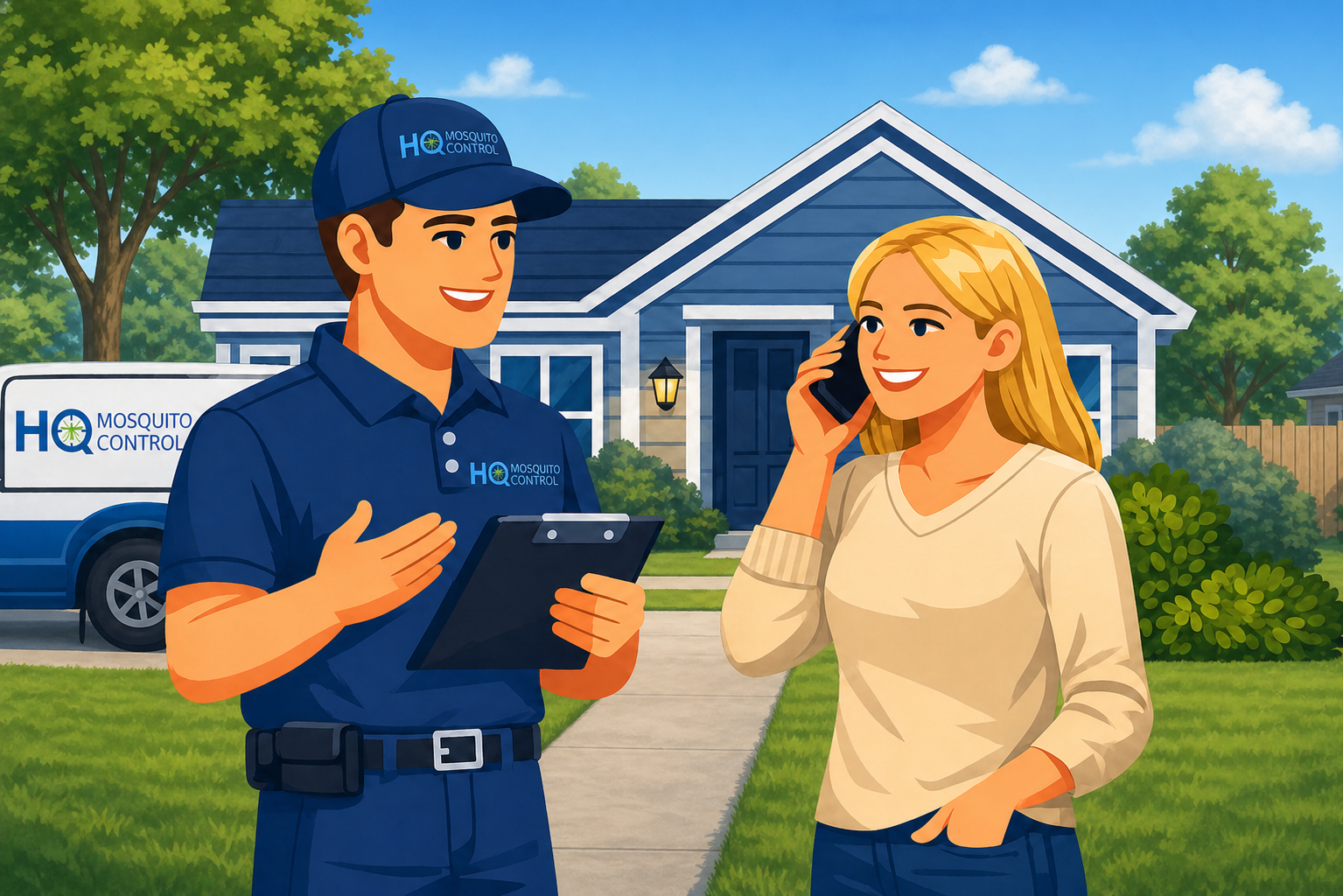 Split-screen image of a man in a navy cap and shirt talking on the phone outdoors, and a woman in a cream top talking on the phone indoors, smiling and waving.