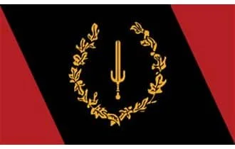 Flag with black and red diagonal stripes and a golden laurel wreath surrounding a trident in the center