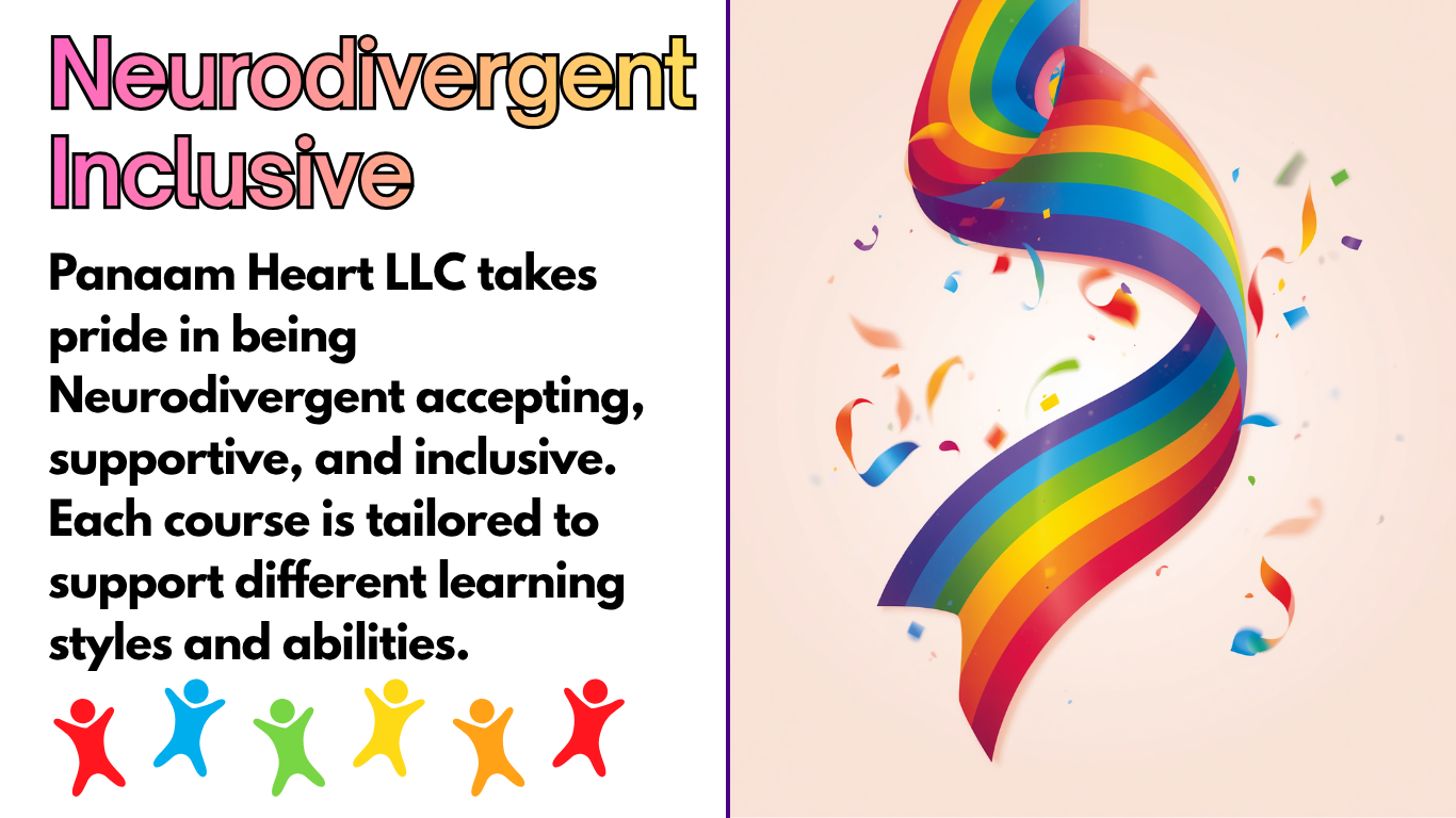 Colorful rainbow swirl with confetti on light pink background, adjacent to text describing Neurodivergent Inclusive courses by Panaam Heart LLC, with six colorful human icons at the bottom.