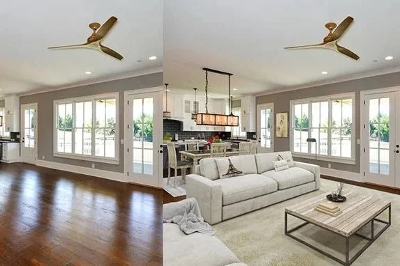 Comparison of an empty living room with hardwood floors and large windows on the left, and the same room furnished with a light-colored sofa, coffee table, and decorative items on the right.