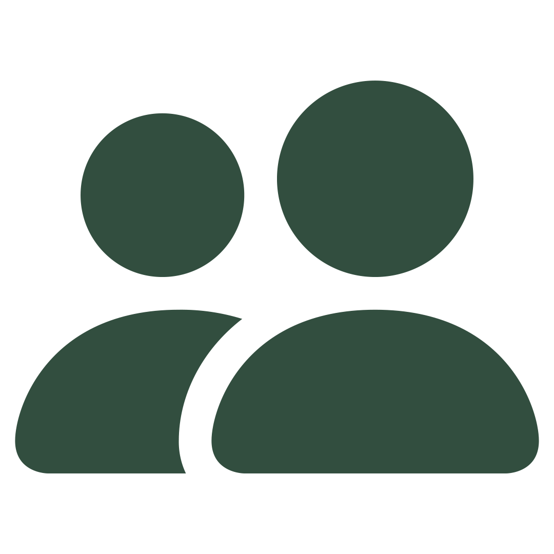 Icon depicting two human silhouettes, one larger in front and two smaller in background, representing a group or community.