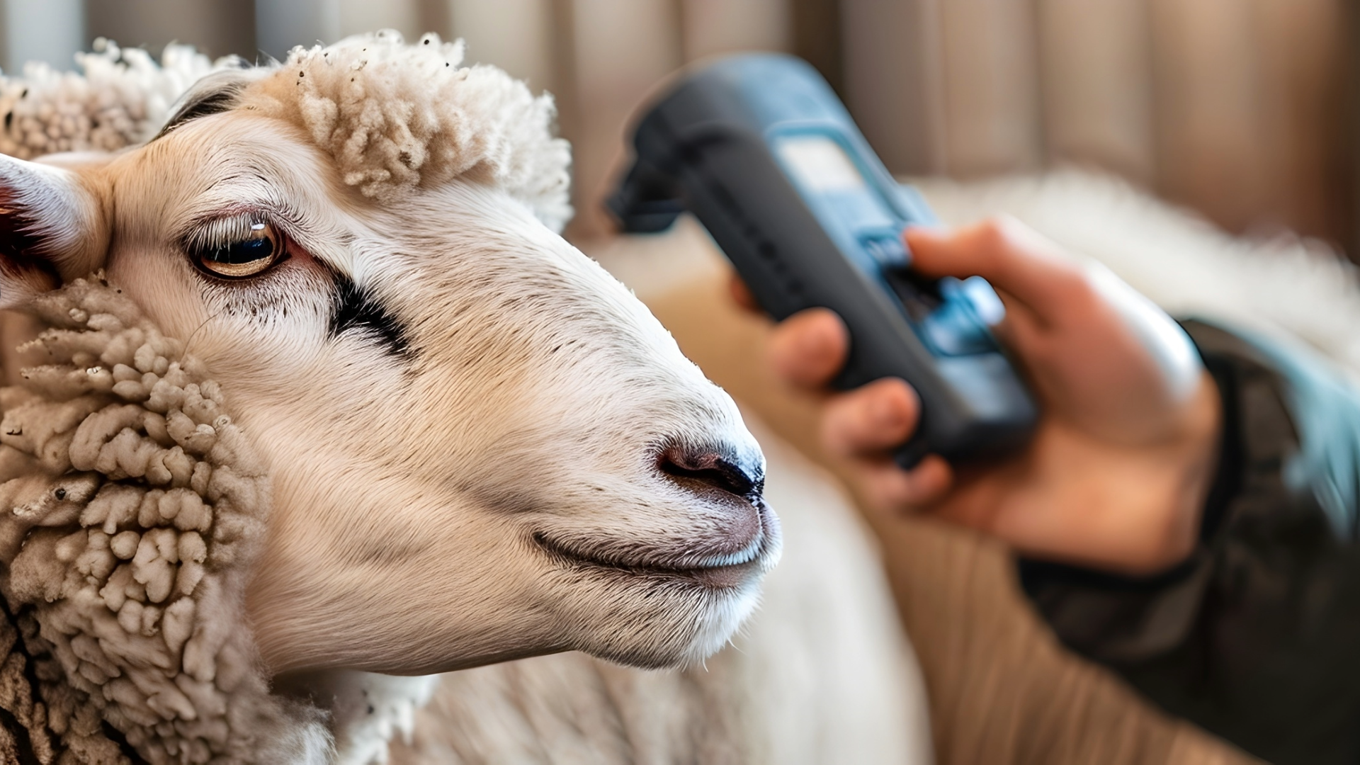 A sheep lying down while a person uses a handheld device on its head.