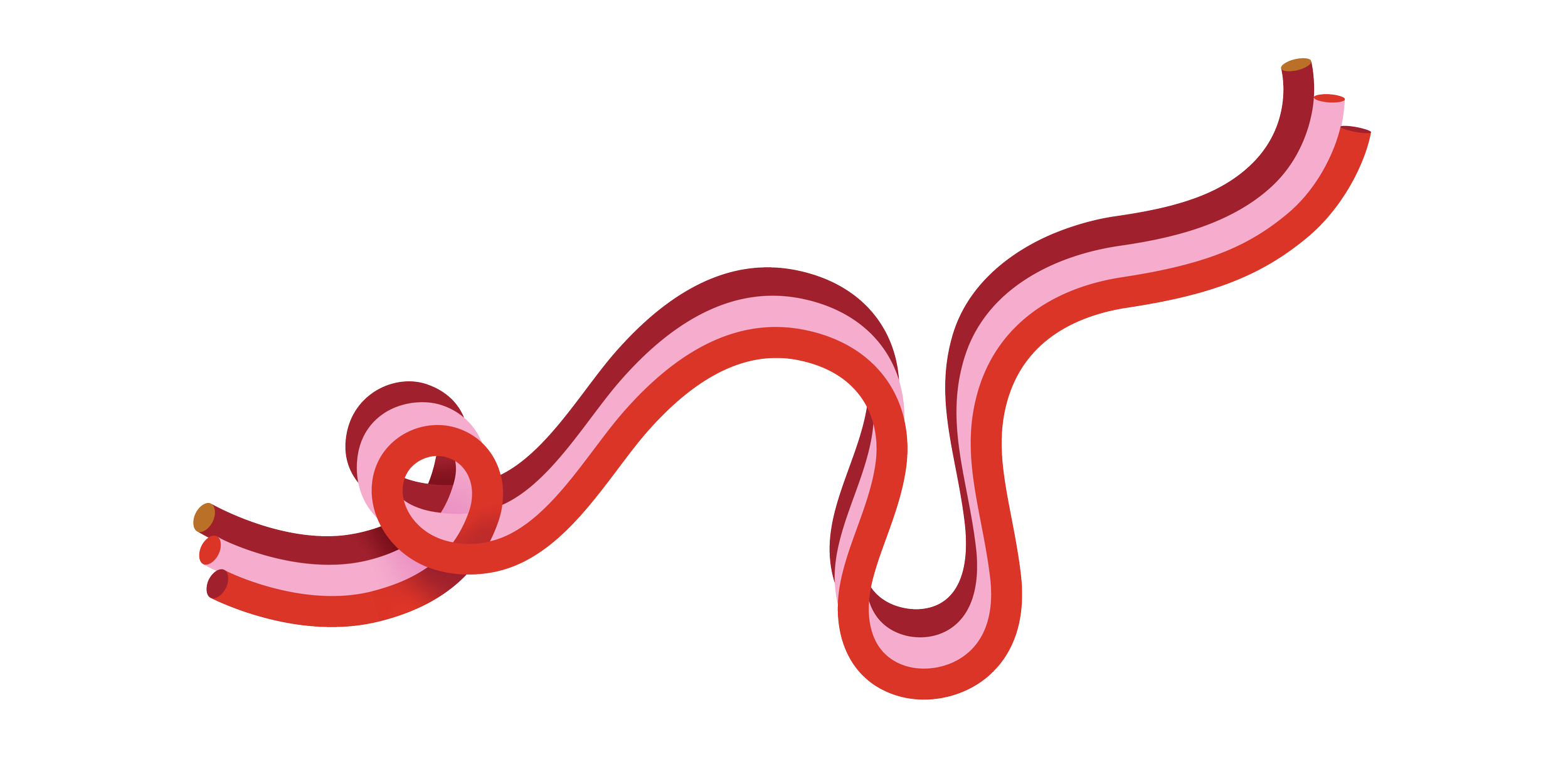 3-line loopy, curvy line feature graphic in bright reds and pinks