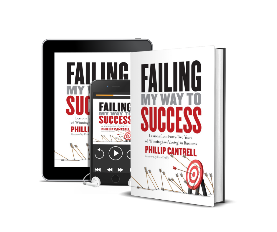 Multiple copies of the book titled 'Failing My Way to Success' by Phillip Cantrell are shown alongside a tablet and a smartphone, indicating options for reading electronically.