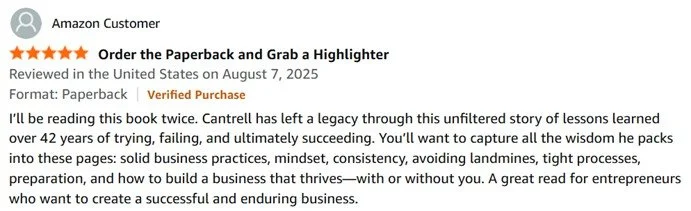 Close-up of a verified purchase review for a paperback book titled "Order the Paperback and Grab a Highlighter," posted by an Amazon customer on August 7, 2025, with a 5-star rating.