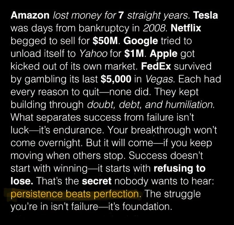 Persistence is the key to EVERYTHING. Persistence beats Perfection every single time. Take a read.

#LessonsFromTheArena
#RealEstateLeadership
#IndustryTruth
#ConsumerFirst
#RealEstateIndustry