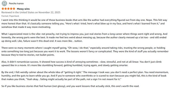 Screenshot of a book review for "Messy Wins" by Pencho Ivanov, rated five stars, discussing lessons learned and personal growth.
