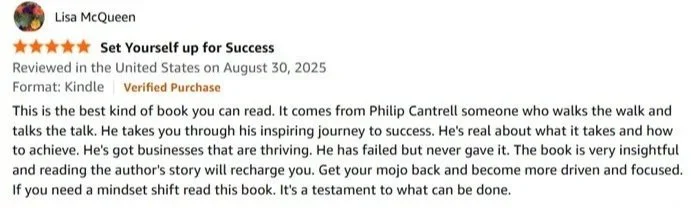 Screenshot of a Kindle review for the book 'Set Yourself up for Success' by Lisa McQueen, dated August 30, 2025, including a 5-star rating and a detailed positive review.