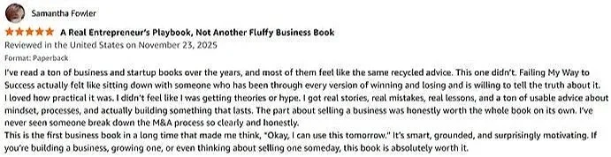 Customer review page showing a 5-star review of a business book titled "A Real Entrepreneur's Playbook, Not Another Fluffy Business Book" by Samantha Fowler, with a detailed positive testimonial.