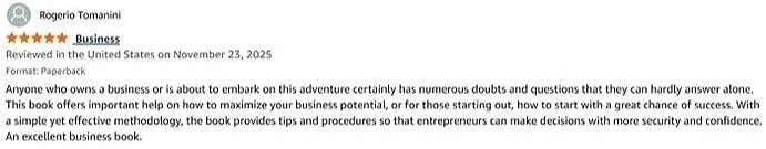 Book review of 'Robertio Tomanini' about owning a business, dated November 23, 2025, with 4-star rating and text about entrepreneurship and decision making.