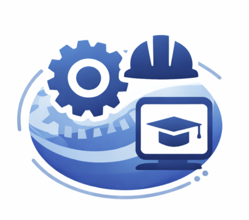 Illustration of gears, a hard hat, a computer monitor with a graduation cap, representing engineering, technology, and education.
