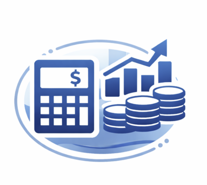 Graphic showing a calculator, a rising bar chart with an upward arrow, and stacks of coins, representing financial growth or investment.