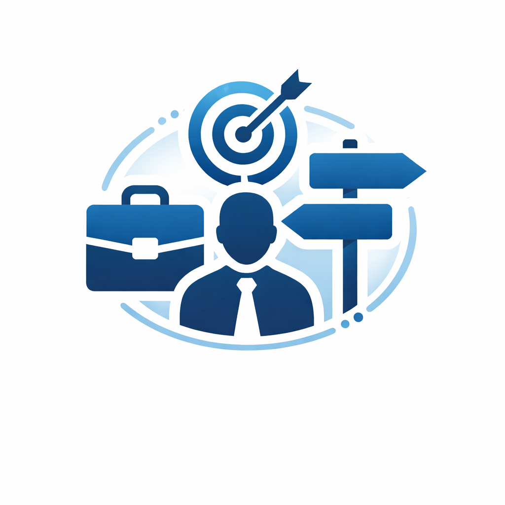 A business-themed graphic with a person in a suit, a briefcase, a target with an arrow, and directional signs.