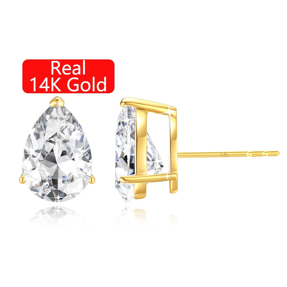 Luxury Fine Jewellery Gift Christmas Engagement Woman Real 14K Gold Hollow 1ct 2 Carat Pear Cut Moissanite Gold Stud Earrings
