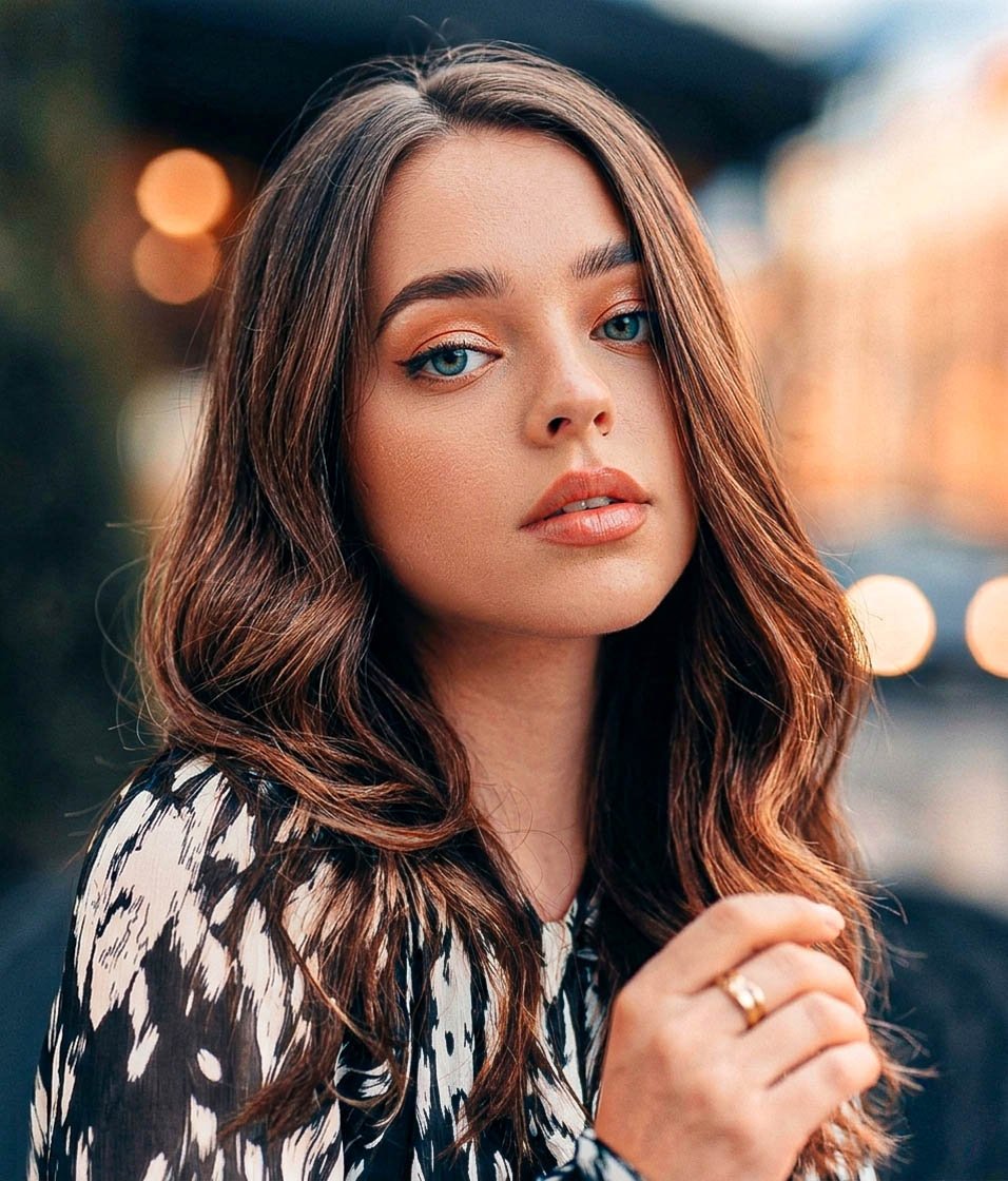 Close-up portrait of a young woman with wavy brown hair, light makeup, and blue eyes, wearing a black and white patterned top, against a blurred background with warm bokeh lights.