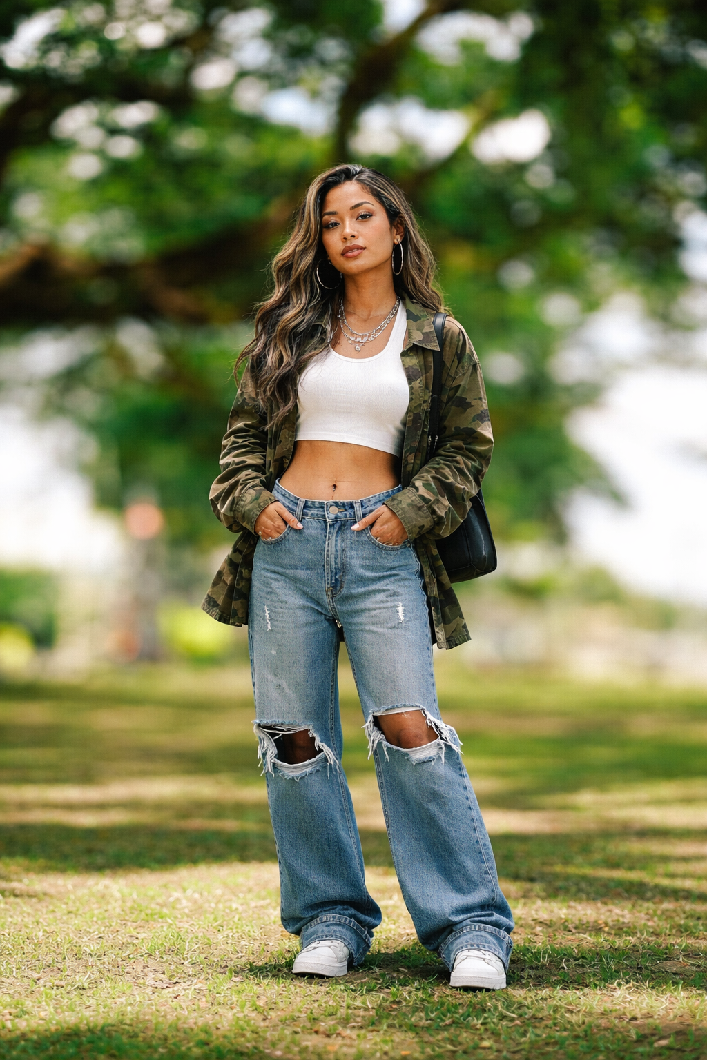 A young woman standing outdoors in a park, wearing ripped jeans, a white crop top, and an oversized camouflage jacket, with layered necklaces and hoop earrings.