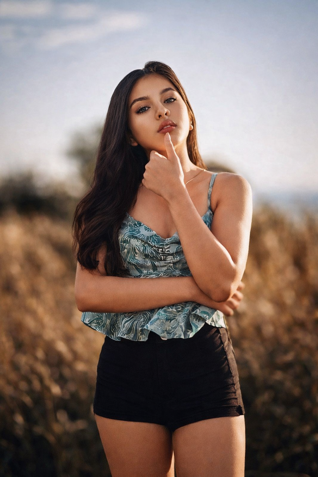 A young woman with long dark hair and light skin standing outdoors, wearing a blue patterned top and black shorts, with a thoughtful expression and her finger on her lips.