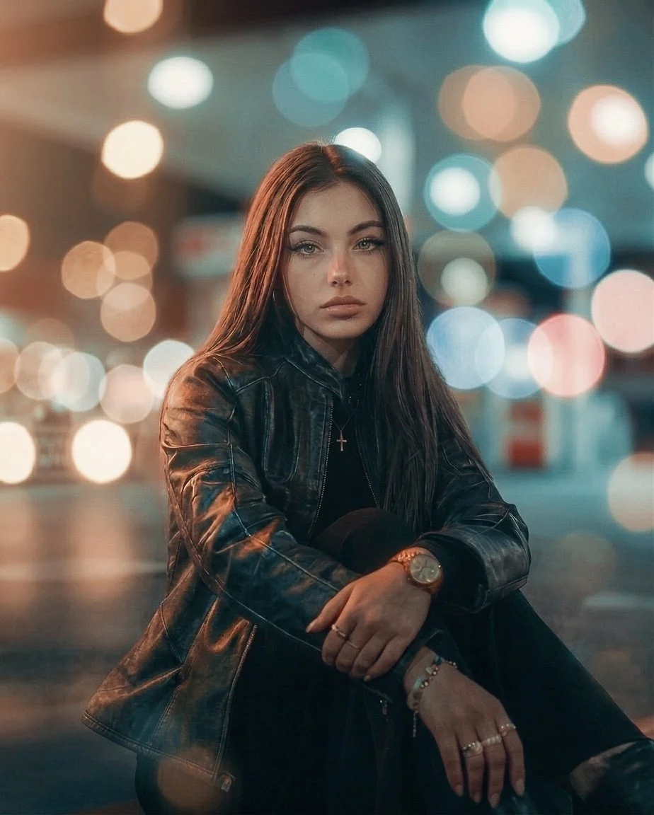A young woman with long brown hair and light makeup sitting outdoors at night, wearing a black leather jacket, a watch, and jewelry, with city lights creating a bokeh background.