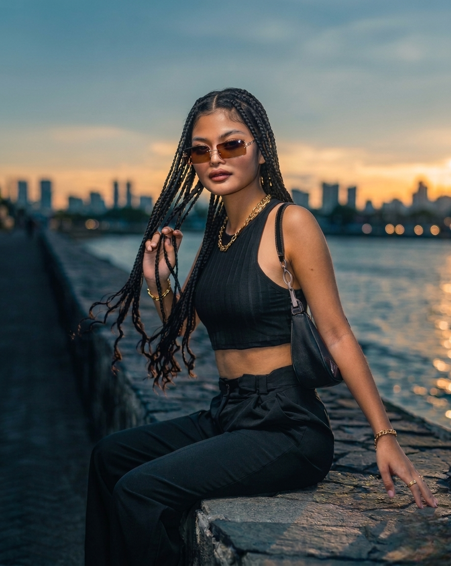 A stylish woman with braided hair wearing sunglasses, a black crop top, and jewelry, sitting by a river during sunset in an urban setting.