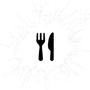 Icon of a fork and knife over a paint splatter background.