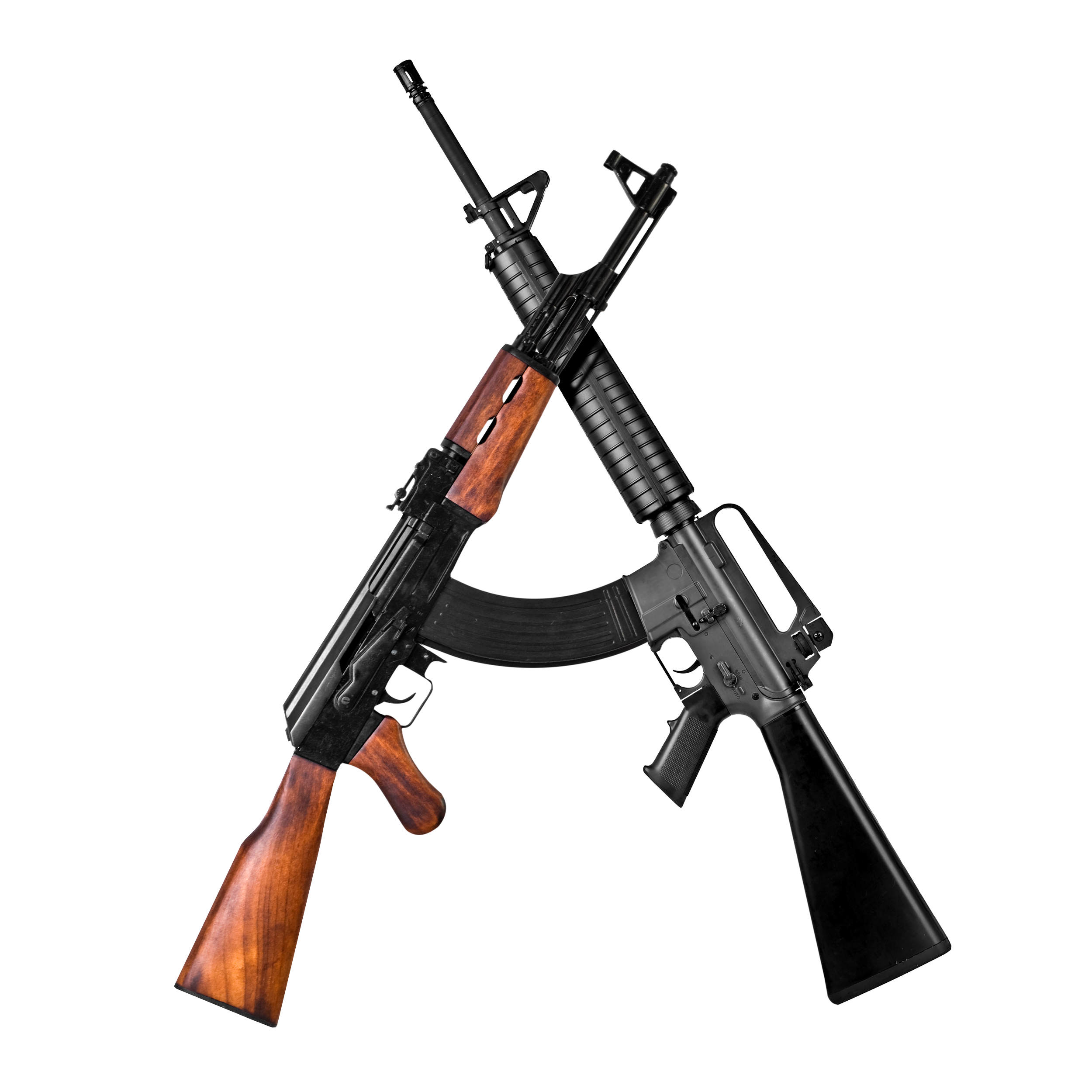 Crossed rifles on a black background, including an assault rifle with a wooden stock and a modern rifle with a black polymer stock.
