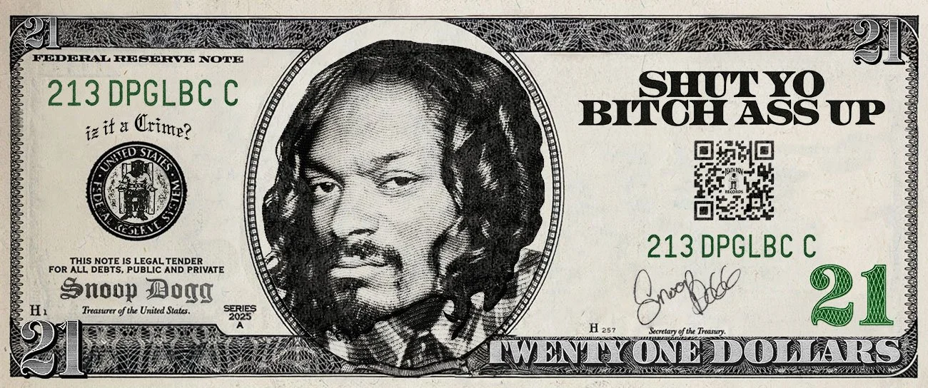 Parody of a twenty-one dollar bill featuring a portrait of a famous rapper, humorous text, and a QR code.