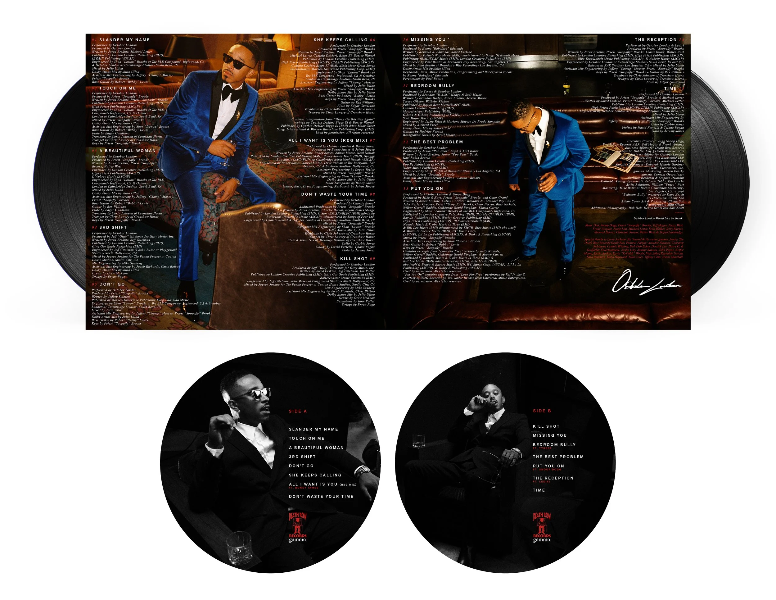 Vinyl album artwork featuring a man in a blue suit, surrounded by text and track listings. The background shows a stylish interior. Two vinyl records display track lists for sides A and B, accompanied by black-and-white images of the man in a suit, holding a drink.