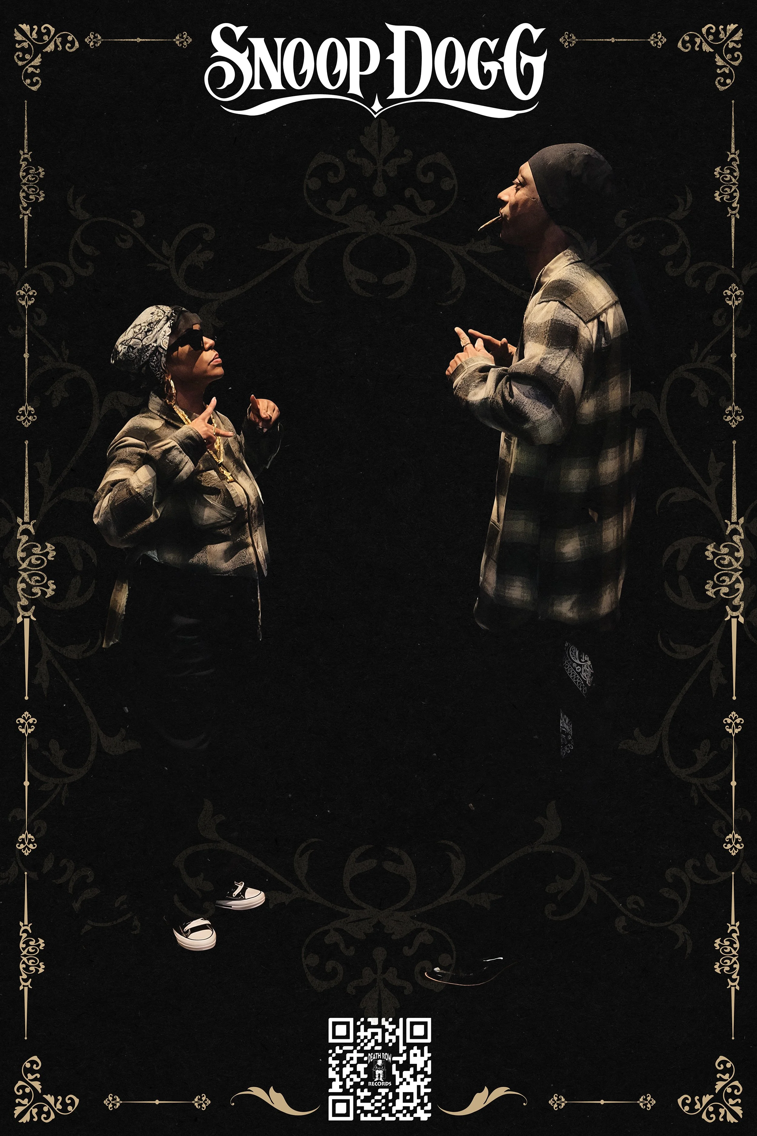 Two people in plaid shirts on a decorated black background, with "Snoop Dogg" text and a QR code at the bottom.