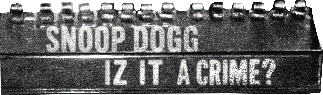 Text reading "Snoop Dogg, Iz It A Crime?" against a metallic background.