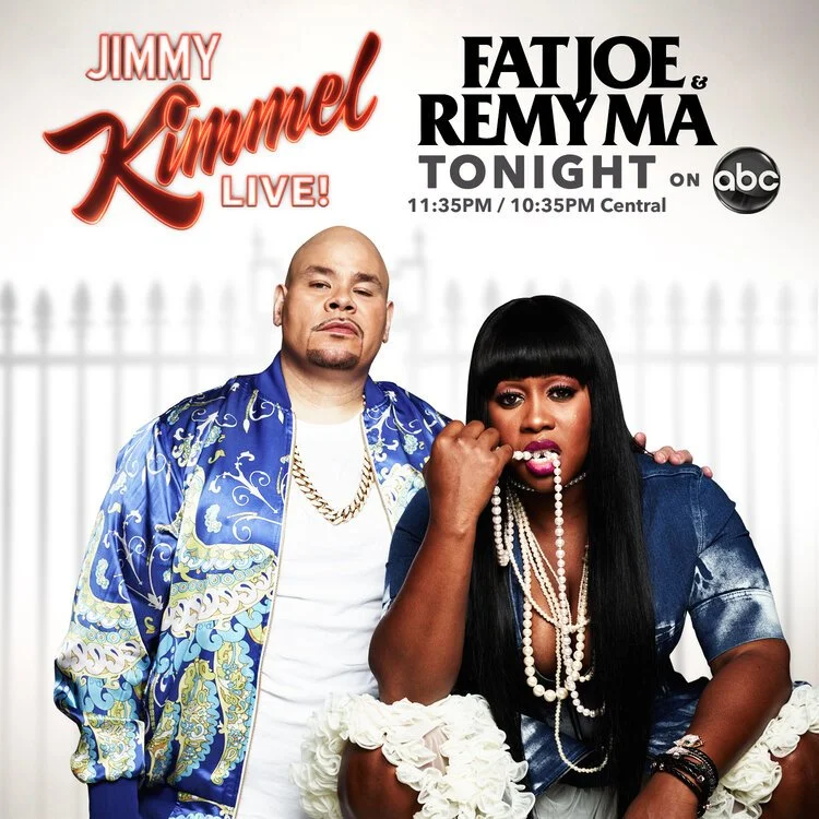 Promotional image for Jimmy Kimmel Live featuring musicians dressed stylishly, announcing the appearance of Fat Joe and Remy Ma on the show at 11:35 PM on ABC.