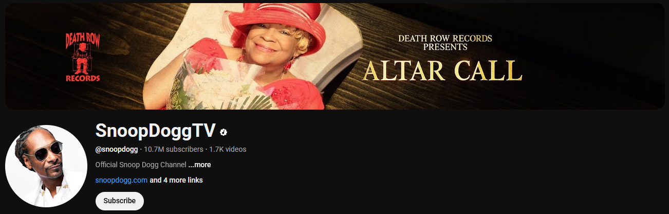 YouTube channel banner and profile for SnoopDoggTV with a promotional image for Death Row Records' 'Altar Call.' It features a woman in a red outfit and hat. Also includes subscriber count and link to snoopdogg.com.
