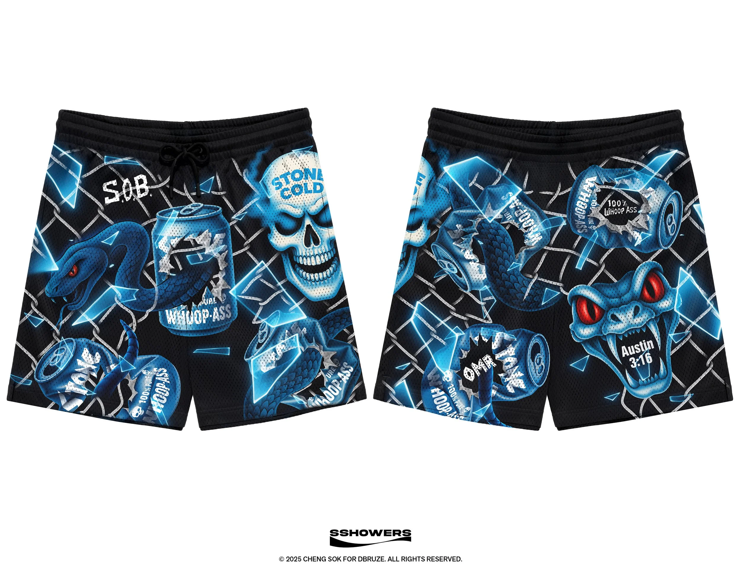 Black shorts with blue and white graphics featuring snakes, skulls, crushed cans labeled "S.O.B." and phrases like "Stone Cold," "Whoop-Ass," and "Austin 3:16" on a chain-link pattern background.