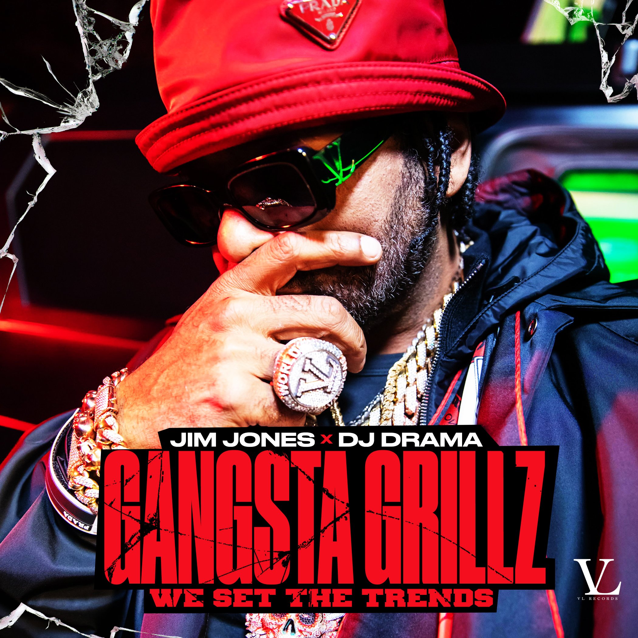 Album cover featuring a person in sunglasses and a red hat, with text "Jim Jones x DJ Drama Gangsta Grillz We Set the Trends."