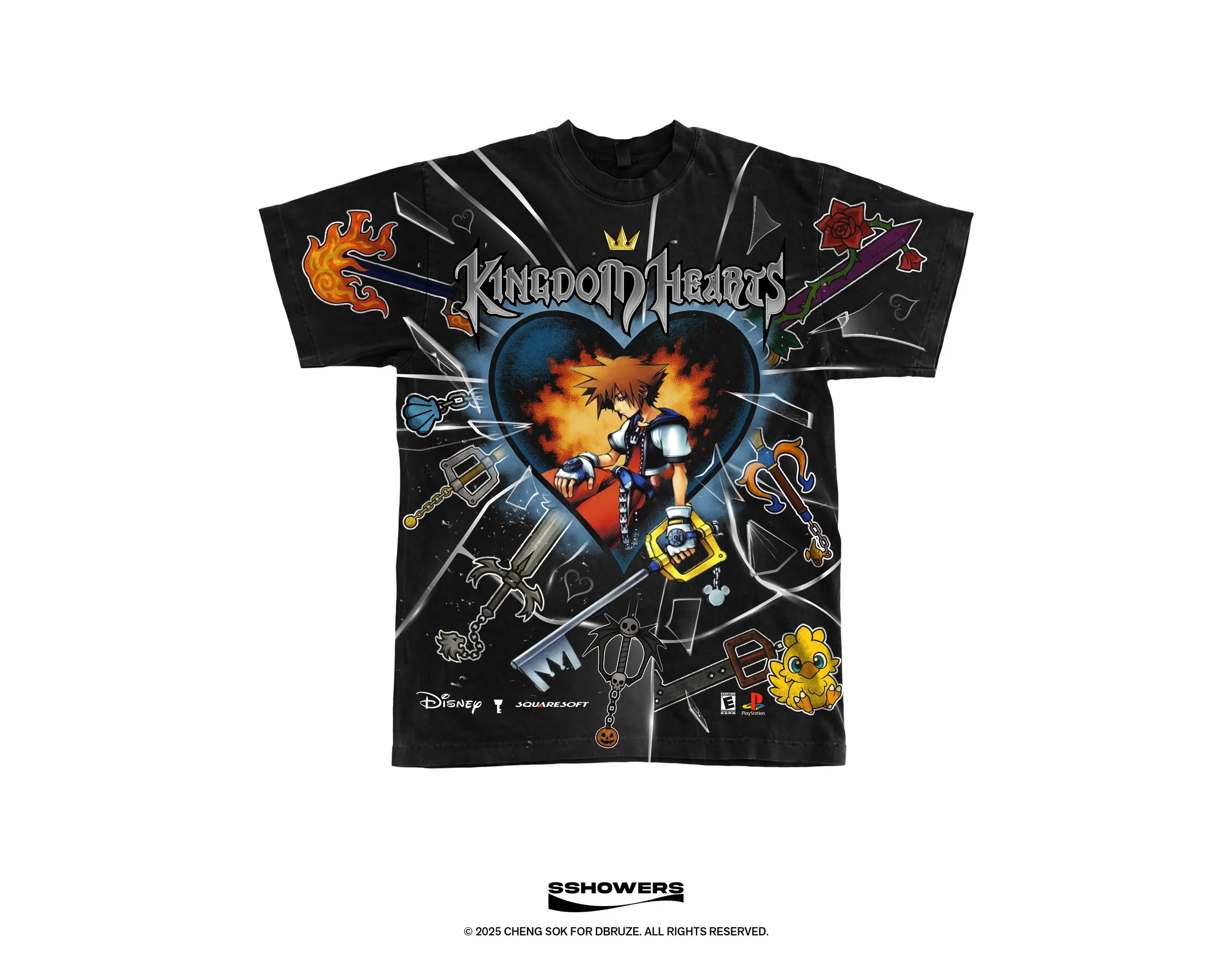 Kingdom Hearts themed black T-shirt featuring a central heart surrounded by character art, keys, and various symbols from the game, with Disney and Square Enix logos.