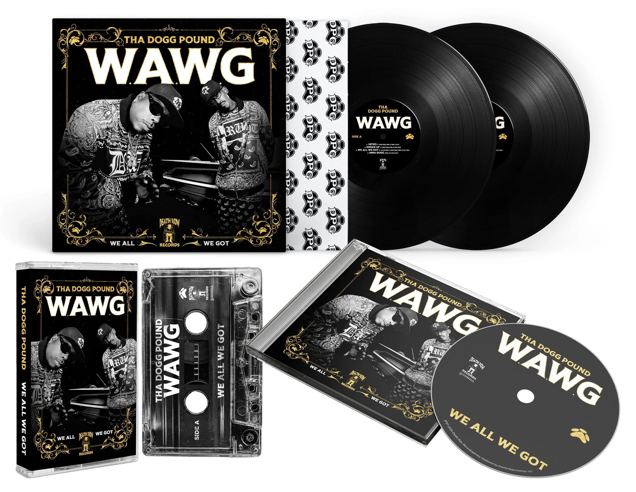 Tha Dogg Pound album "WAWG" with vinyl records, cassette, and CD cover displaying black and gold artwork.